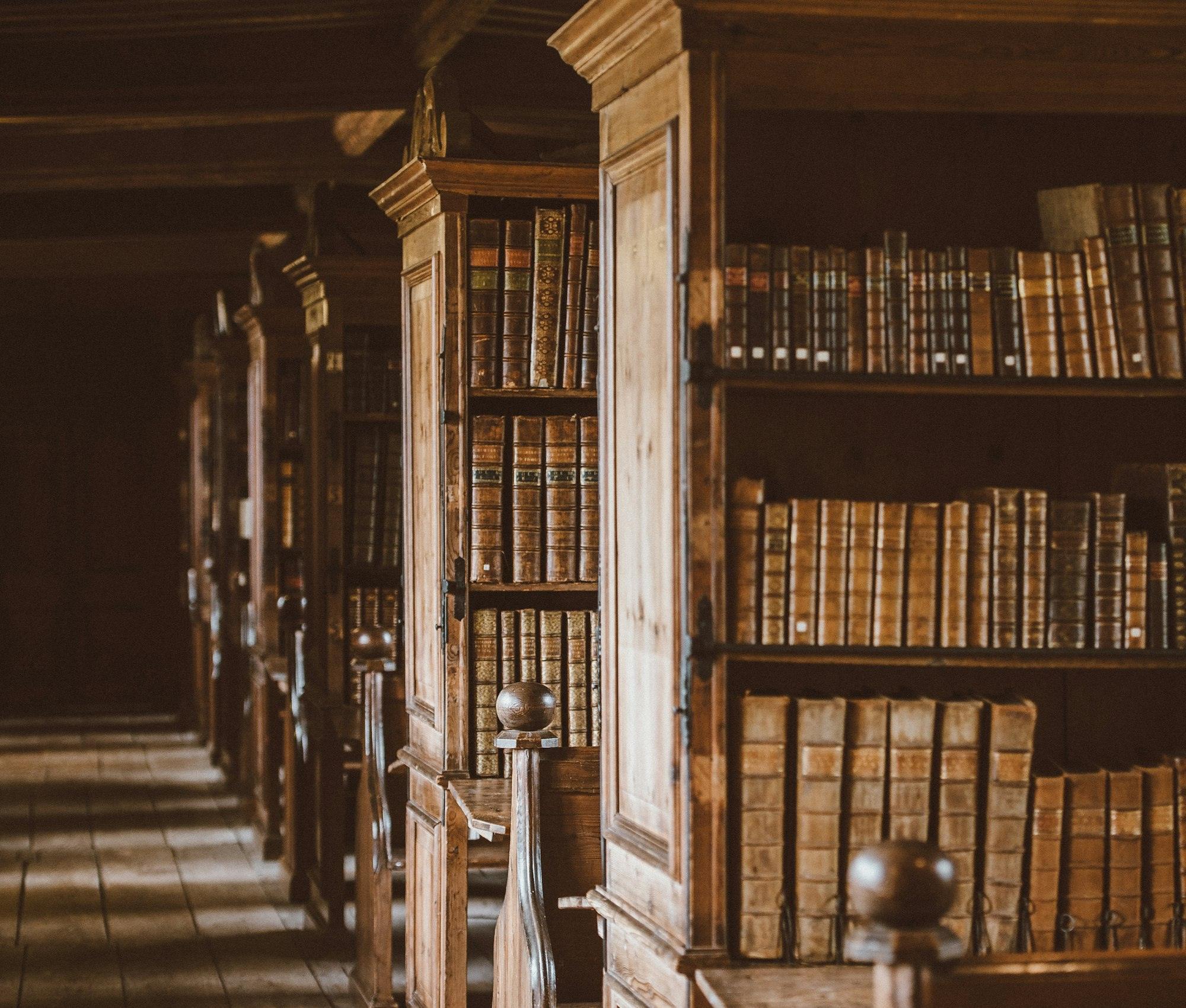 A quiet old library with warm wooden bookcases full of antique leather-bound books.
